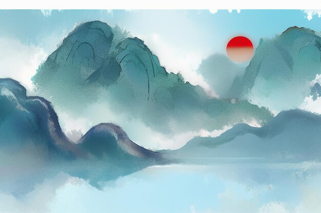 Bellissimo paesaggio sfondo illustrazione sole montagna uccello fiume lago barca carta da parati acquerello