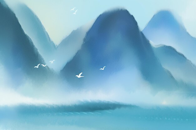 Bellissimo paesaggio sfondo illustrazione sole montagna uccello fiume lago barca carta da parati acquerello