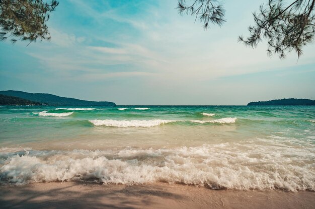 Bellissimo paesaggio tropicale dell'isola con mare turchese di sabbia gialla con onde bianche e alberi di conifere che pendono sulla spiaggia