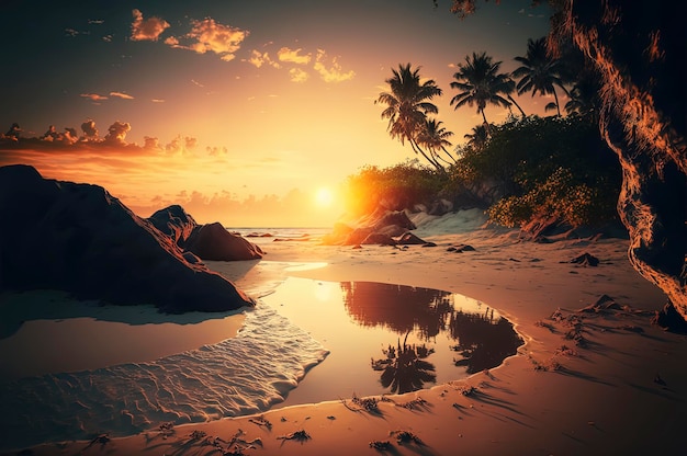 Bellissimo paesaggio tropicale della splendida spiaggia nella stagione estiva con il tramonto sullo sfondo