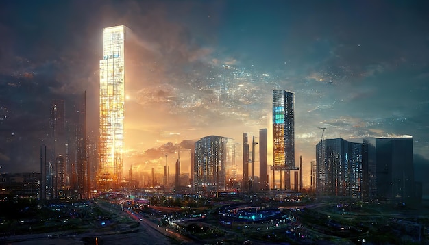 Bellissimo paesaggio urbano con città futuristica al tramonto Illustrazione raster 3D