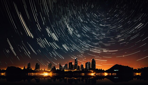 Bellissimo paesaggio urbano notturno con tracce di stelle nel cielo dell'alba e riflessi di grattacieli