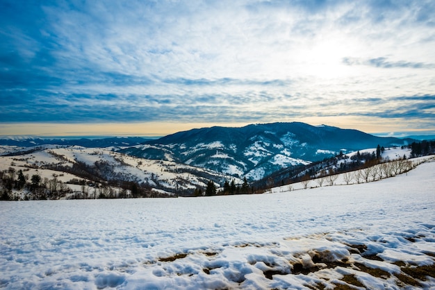 Bellissimo panorama di pendii montani con sentieri che si affacciano sulle colline e boschi di conifere coperto e gelido in una sera d'inverno