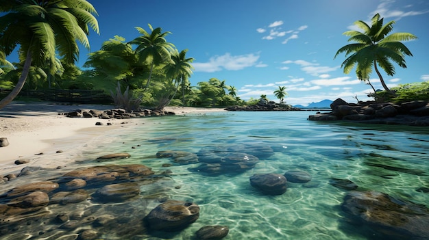 Bellissimo paradiso tropicale spiaggia sabbiosa e mare con palme in località balneare balneare