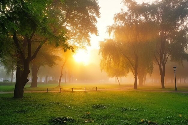 Bellissimo parco pubblico con campo d'erba verde alla luce del mattino creato con la tecnologia Generative AI