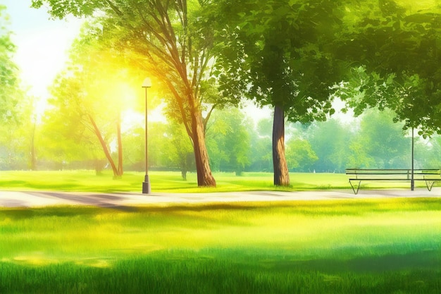 Bellissimo parco pubblico con campo di erba verde sulla luce del mattino Creato con la tecnologia generativa AI