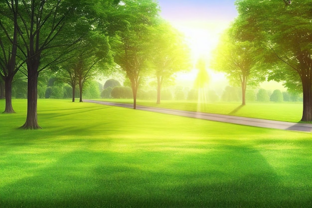 Bellissimo parco pubblico con campo di erba verde sulla luce del mattino Creato con la tecnologia generativa AI