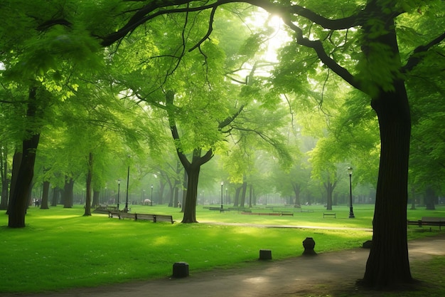 Bellissimo parco pubblico con campo di erba verde sulla luce del mattino Creato con la tecnologia generativa AI