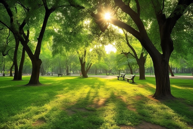 Bellissimo parco pubblico con campo di erba verde sulla luce del mattino Creato con la tecnologia generativa AI