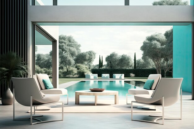 Bellissimo patio moderno con comode sedie e tavoli sullo sfondo di una grande piscina creata w