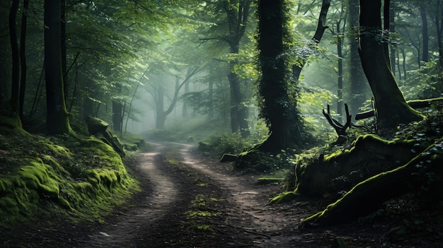 Bellissimo percorso nella foresta nebbiosa