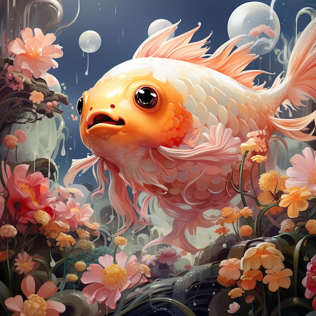 bellissimo pesce con fiori illustrazione in stile asiatico