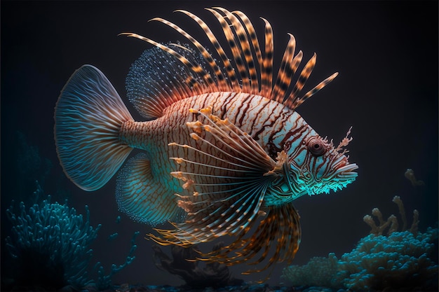 Bellissimo pesce leone incandescente vibrante sott'acqua