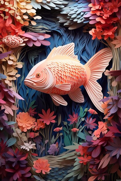 Bellissimo pesce rosso nell'acquario Rendering 3d in stile carta tagliata