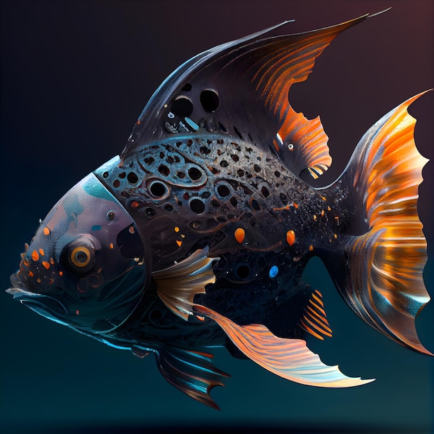 Bellissimo pesce su sfondo nero rendering 3d Disegno digitale del computer