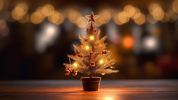 Bellissimo piccolo albero di Natale su tavolo di legno Buon umore Lampada ghirlanda bokeh sul retro AI generativa