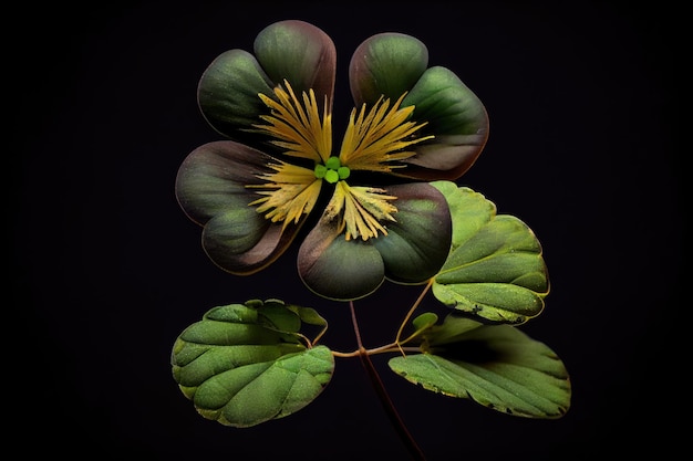 Bellissimo piccolo quadrifoglio verde con centro giallo su sfondo marrone scuro