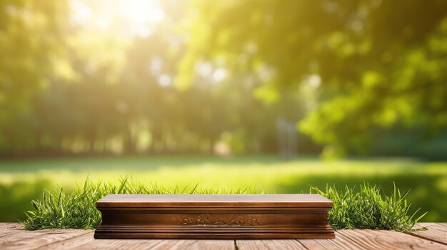 Bellissimo piedistallo in legno per un oggetto su uno sfondo di erba verde lussureggiante Luce solare