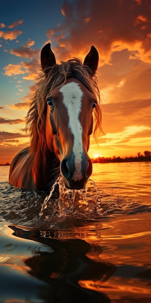 bellissimo pony che attraversa un fiume profondo al tramonto
