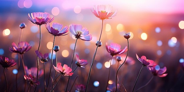 Bellissimo prato colorato di fiori selvatici sfondo floreale paesaggio con fiori rosa viola con tramonto e sfondo sfocato pastello morbido spazio di copia della natura magica