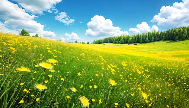 Bellissimo prato con erba fresca e fiori di tarassaco giallo in natura contro un blu sfocato