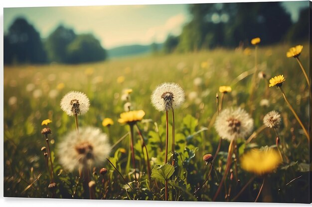 Bellissimo prato estivo con fiori di dente di leone sfondo naturale con effetto vintage tonificato