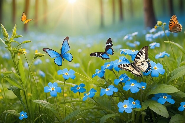Bellissimo prato estivo o primaverile con fiori blu di forgetmenots e due farfalle volanti Paesaggio naturale selvatico