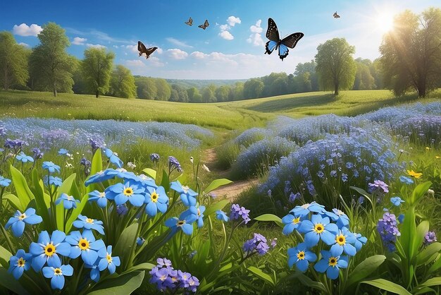 Bellissimo prato estivo o primaverile con fiori blu di forgetmenots e due farfalle volanti Paesaggio naturale selvatico