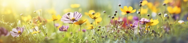 Bellissimo prato primaverile con fiori di margherite gialle sfondo naturale