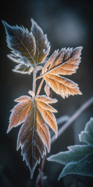 Bellissimo primo piano del fogliame autunnale coperto di ghiaccio con sfondo sfocato a fuoco