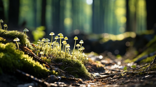 Bellissimo primo piano di minuscoli licheni che germogliano in primavera su un pavimento di bosco una scena all'aperto con una ridotta profondità di campo Foreste del Nord Europa GENERATE AI