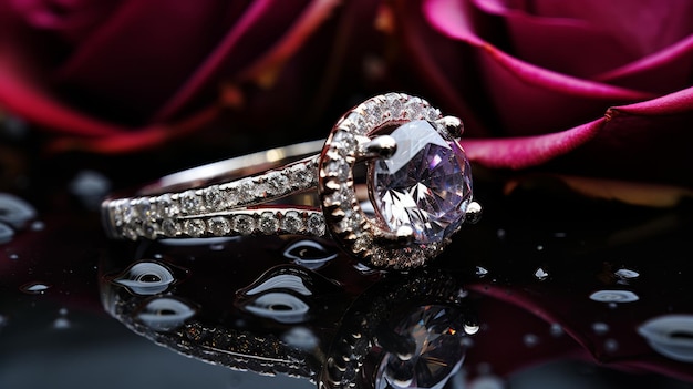 Bellissimo primo piano di un elegante anello di fidanzamento di diamanti disponibile per l'acquisto