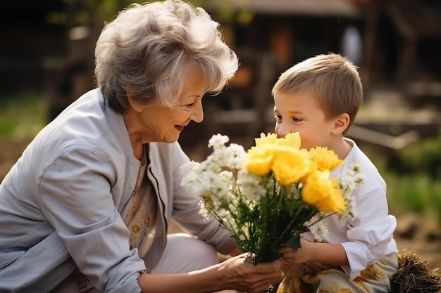 Bellissimo ragazzo che regala un fiore alla nonna