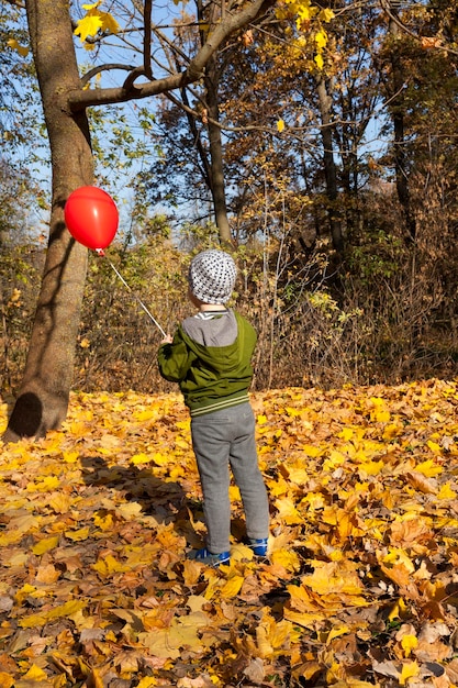 Bellissimo ragazzo con un palloncino rosso in autunno