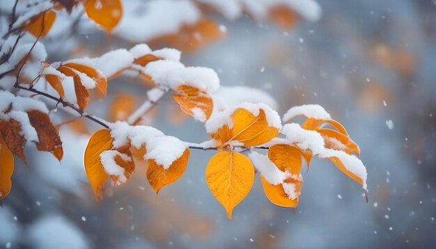 Bellissimo ramo con foglie arancione e gialle alla fine dell'autunno o all'inizio dell'inverno sotto la neve