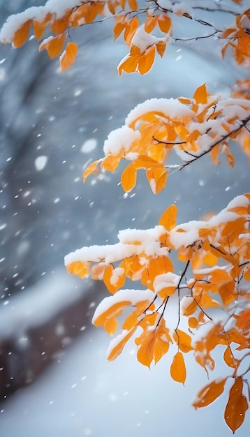Bellissimo ramo con foglie arancione e gialle alla fine dell'autunno o all'inizio dell'inverno sotto la neve