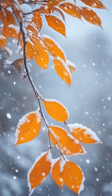 Bellissimo ramo con foglie arancione e gialle alla fine dell'autunno o all'inizio dell'inverno sotto la neve