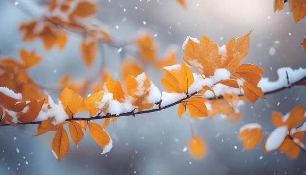 Bellissimo ramo con foglie arancione e gialle alla fine dell'autunno o all'inizio dell'inverno sotto la neve