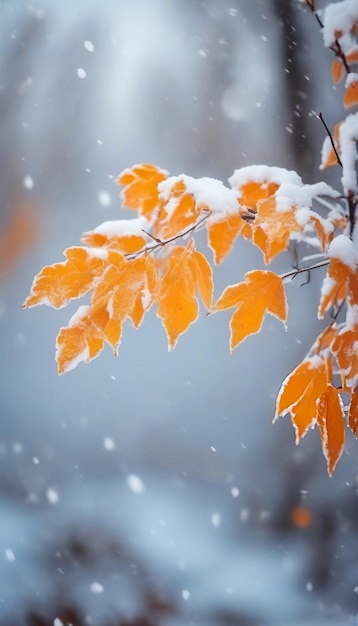 Bellissimo ramo con foglie arancione e gialle alla fine dell'autunno o all'inizio dell'inverno sotto la neve