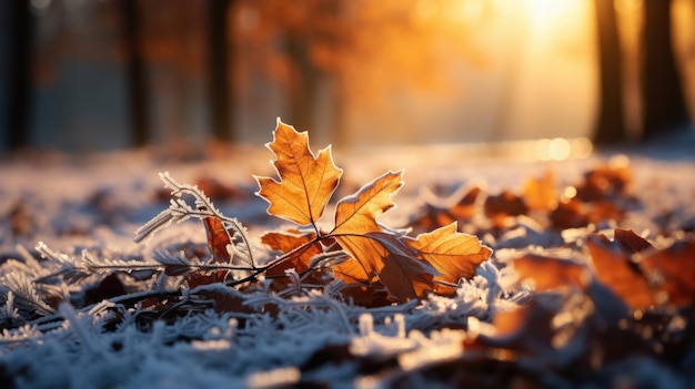 Bellissimo ramo con foglie arancione e gialle alla fine dell'autunno o all'inizio dell'inverno sotto la neve