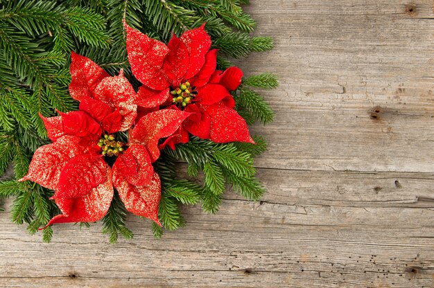 Bellissimo ramo di albero di Natale con fiore di poinsettia rosso su sfondo di legno