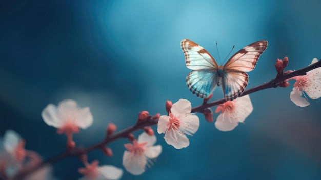 Bellissimo ramo di albicocca in fiore con farfalla ravvicinata con tecnologia generativa AI