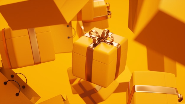 Bellissimo regalo giallo in un nastro d'oro bellissimo sfondo 3D rendering