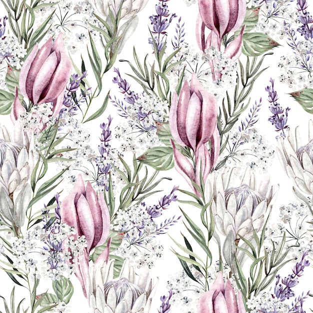 bellissimo reticolo senza giunte dell'acquerello con fiori di protea. illustrazione