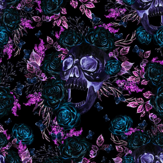 Bellissimo reticolo senza giunte dell'acquerello con teschio e fiori di peonia e Rose. Illustrazione