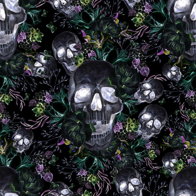 Bellissimo reticolo senza giunte dell'acquerello con teschio e fiori di peonia e Rose. Illustrazione
