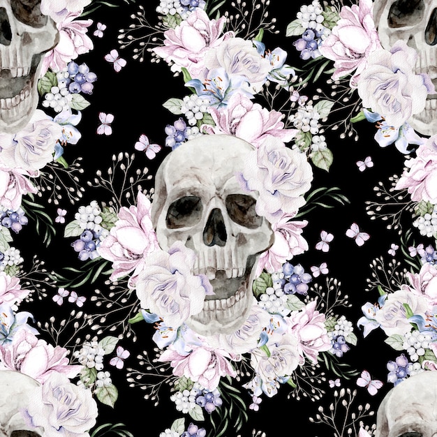 Bellissimo reticolo senza giunte dell'acquerello con teschio e fiori di peonia e Rose. Illustrazione