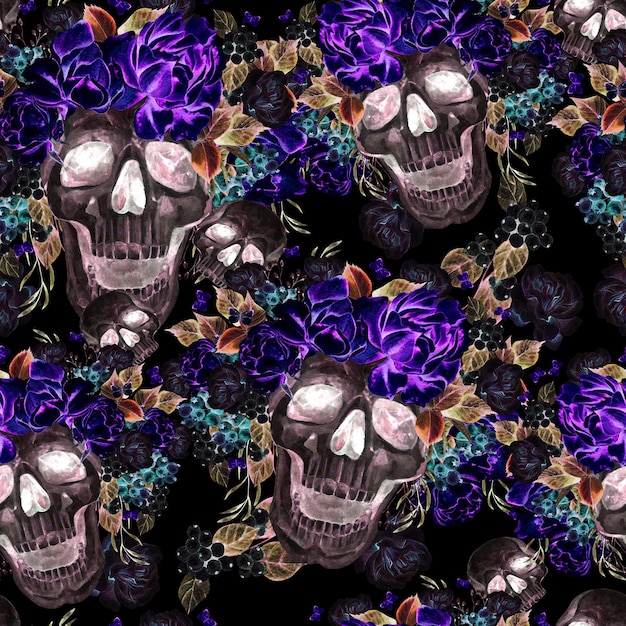 Bellissimo reticolo senza giunte dell'acquerello con teschio e fiori di peonia e Rose. Illustrazione