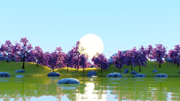 bellissimo riflesso del lago del paesaggio dell'alba con alberi rosa ed erbe gialle in rendering 3d