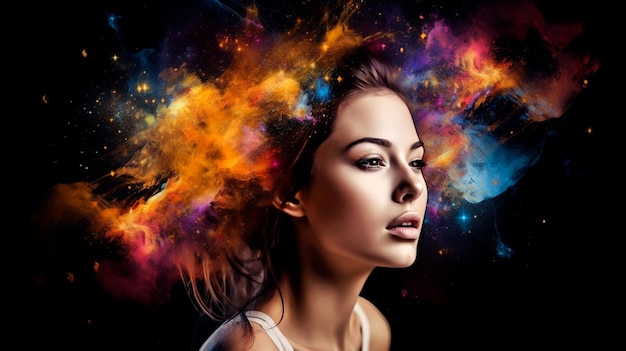 Bellissimo ritratto astratto fantasy di una bella donna doppia esposizione con una spruzzata di vernice digitale colorata o nebulosa spaziale AI generativa